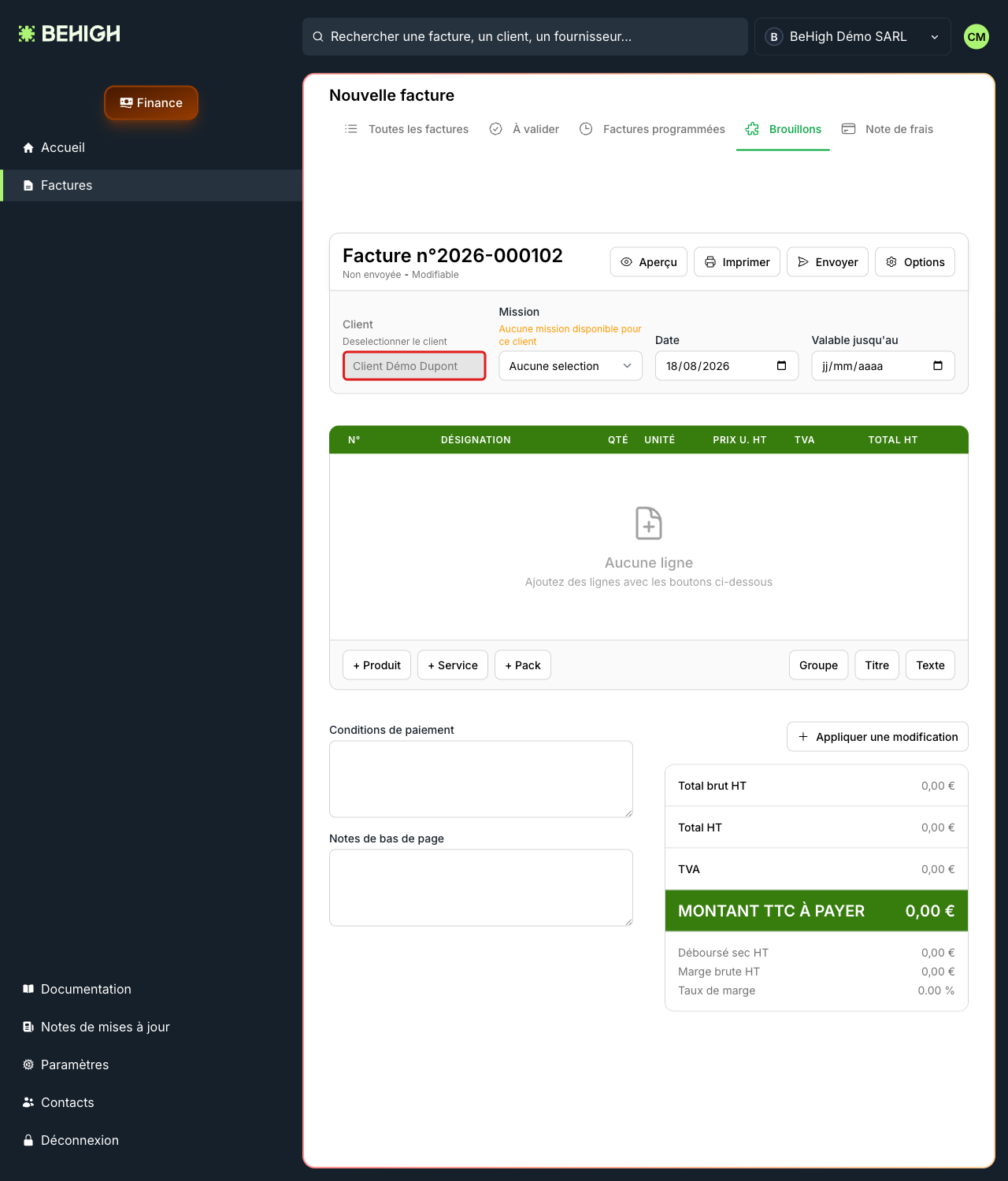 Sélection du client dans la facture