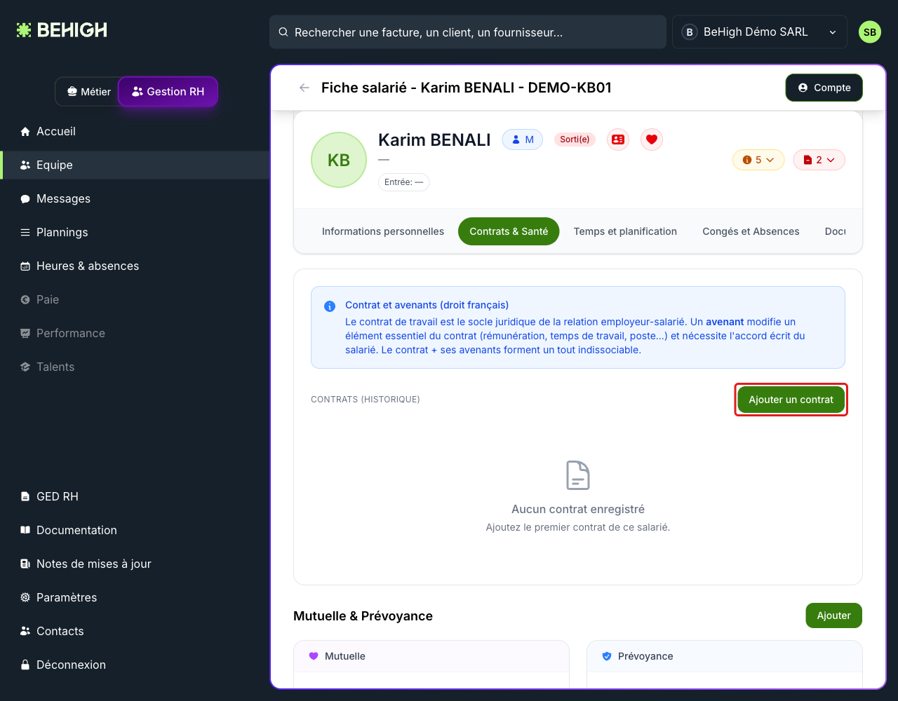Onglet Contrats et Santé, bouton Ajouter un contrat