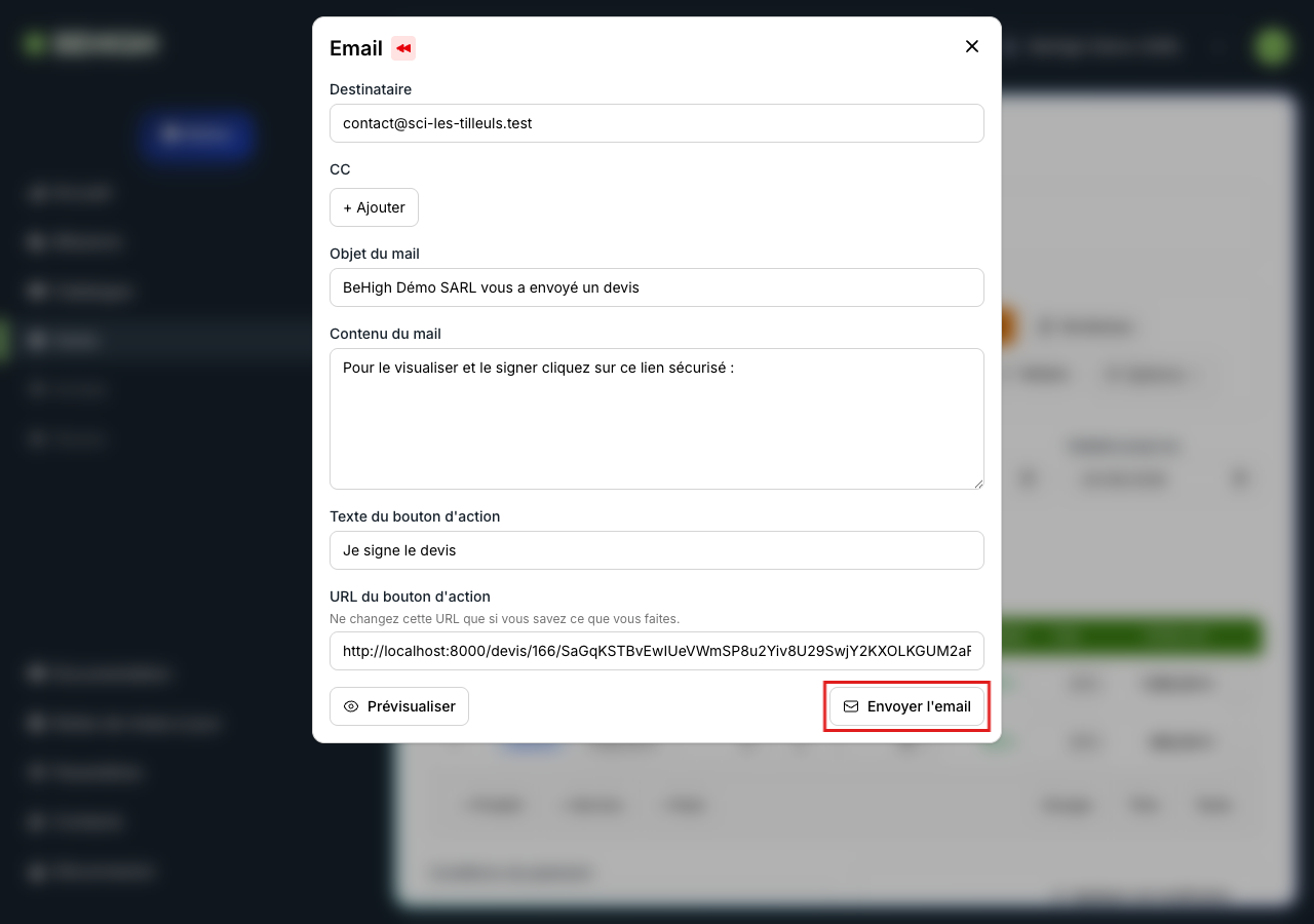 Fenêtre d'envoi de l'e-mail