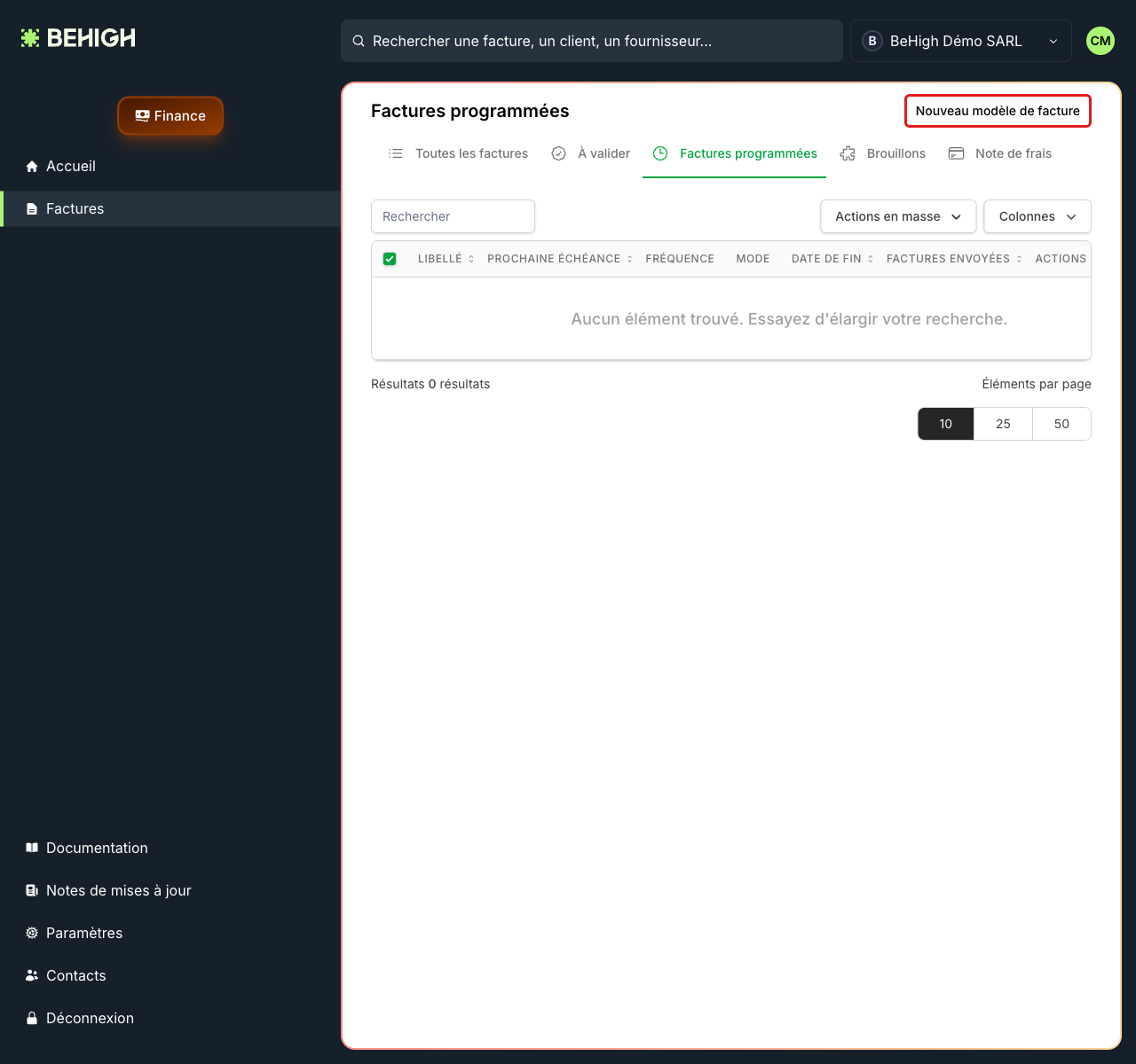 Onglet Factures programmées, bouton Nouveau modèle de facture