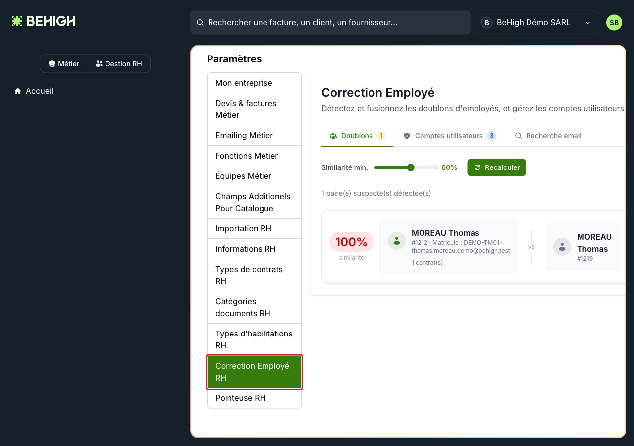 Onglet Doublons de la correction des employés
