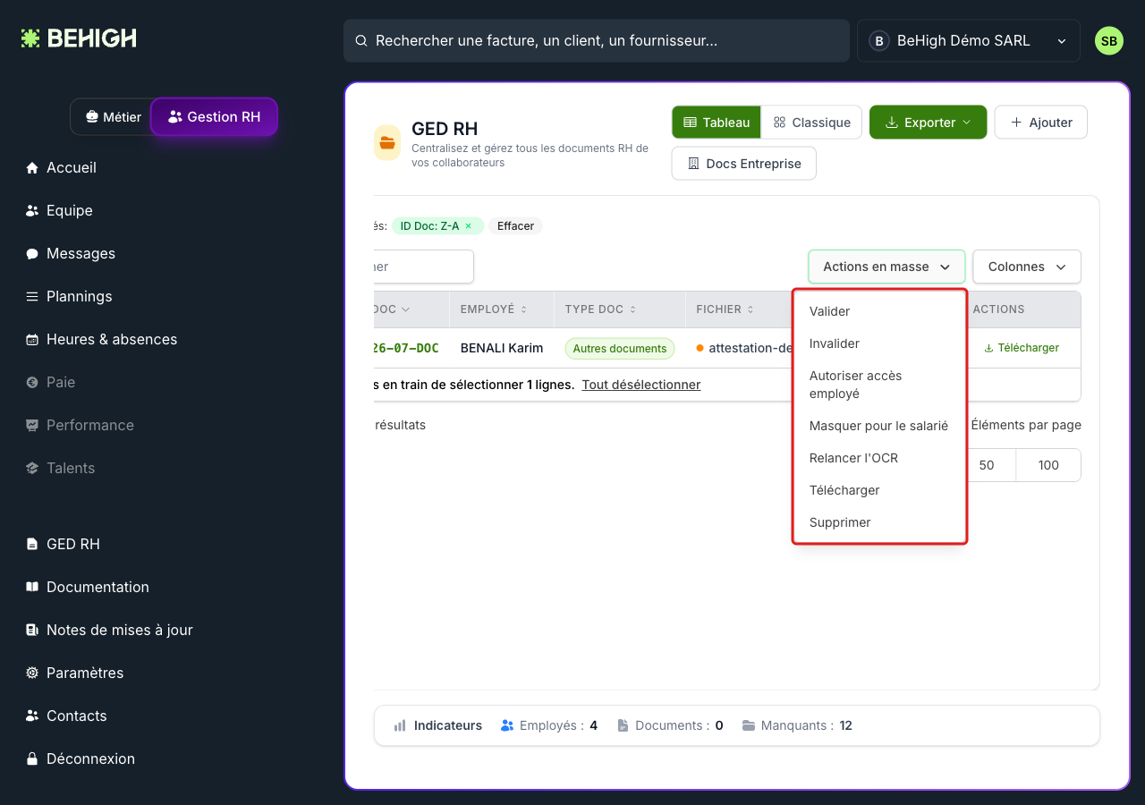 Menu Actions en masse