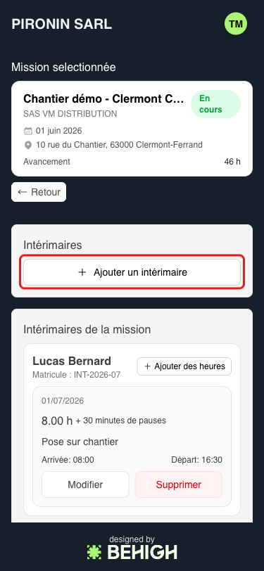 Bouton Ajouter un intérimaire