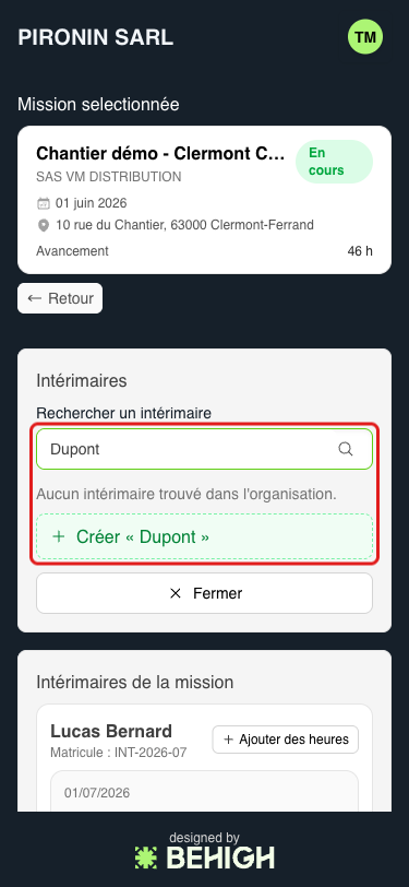 Recherche d'un intérimaire et option de création