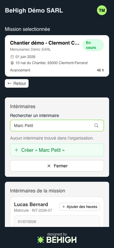 Recherche d'un intérimaire et option de création