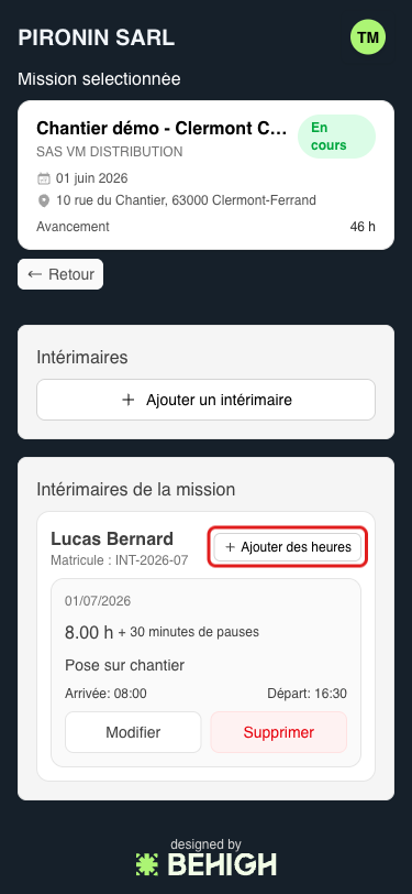 Bouton Ajouter des heures