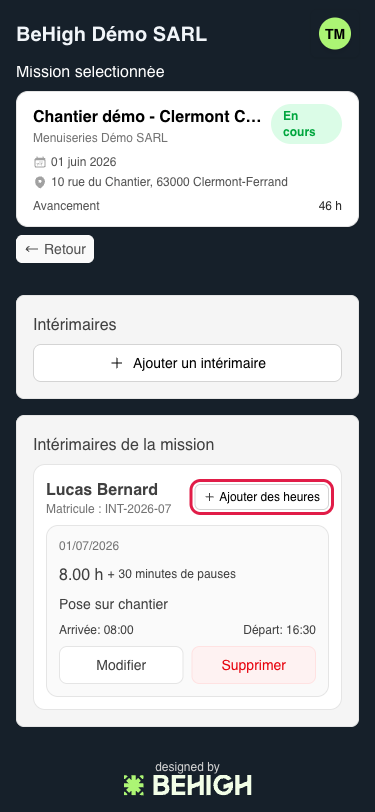 Bouton Ajouter des heures