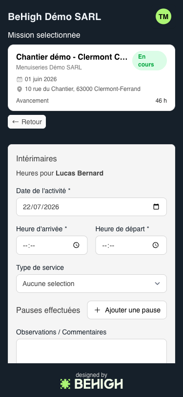 Formulaire de déclaration d'heures d'un intérimaire