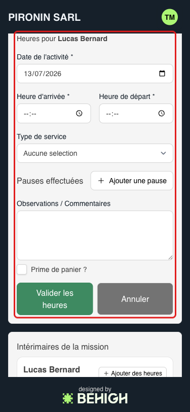 Formulaire de déclaration d'heures d'un intérimaire