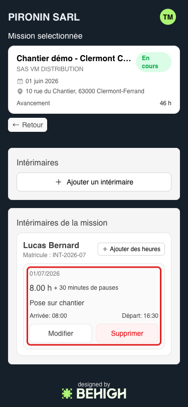Déclaration existante avec Modifier et Supprimer