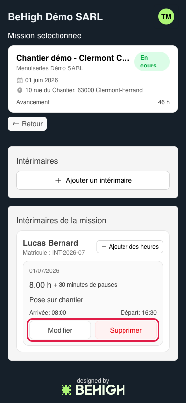 Déclaration existante avec Modifier et Supprimer
