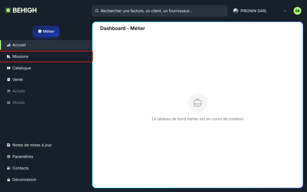 Menu Métier, entrée Missions