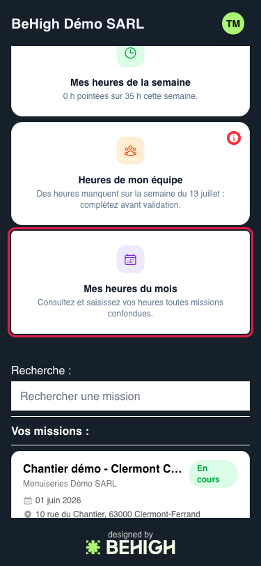 Tuile Mes heures du mois