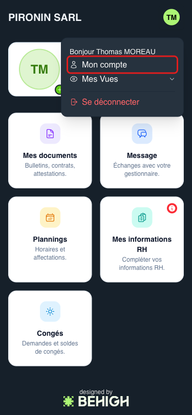 Accès à Mon compte depuis le menu avatar