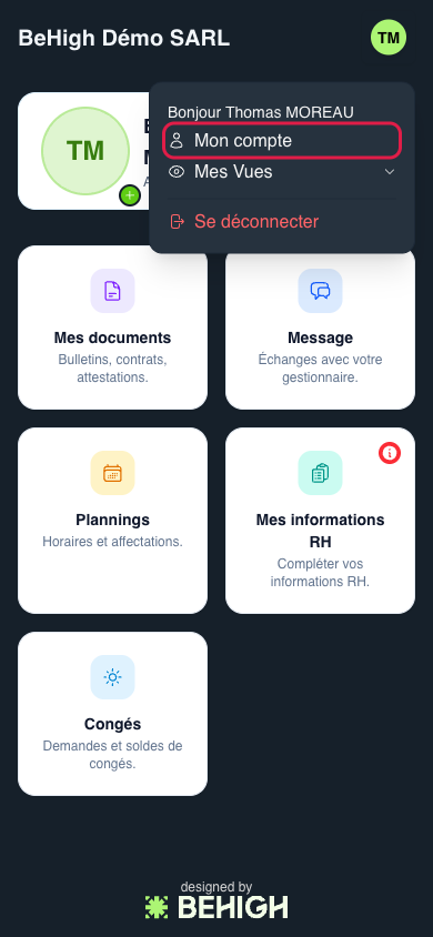 Accès à Mon compte depuis le menu avatar