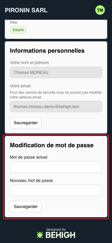 Bloc de modification du mot de passe