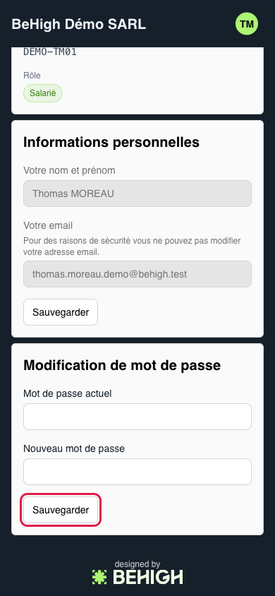 Bloc de modification du mot de passe