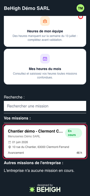Espace pro, liste des missions