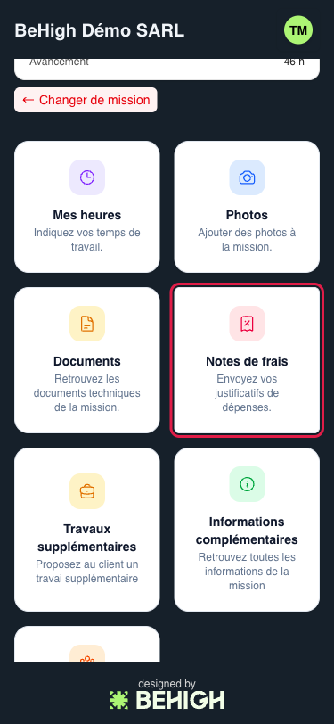 Tuile Notes de frais sur la fiche mission