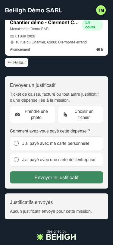 Écran d'ajout d'un justificatif