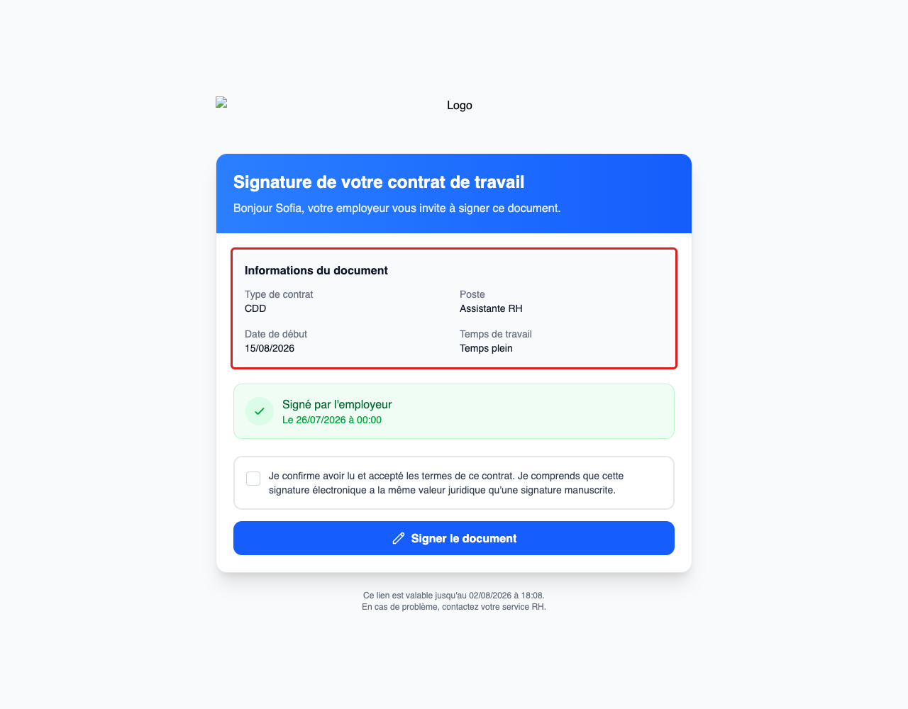 La page de signature du contrat