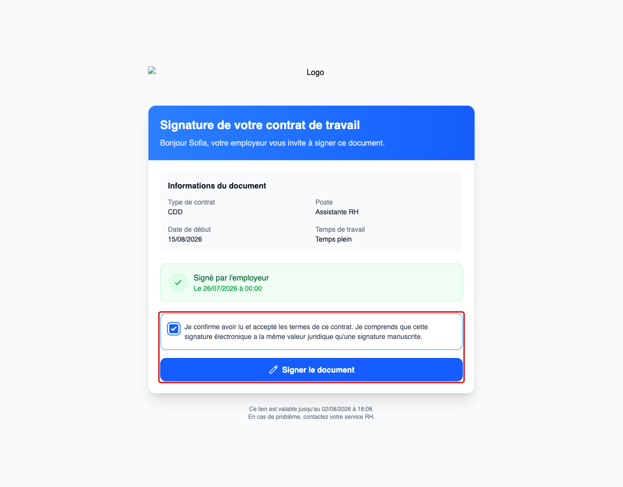 Case de consentement cochée et bouton Signer